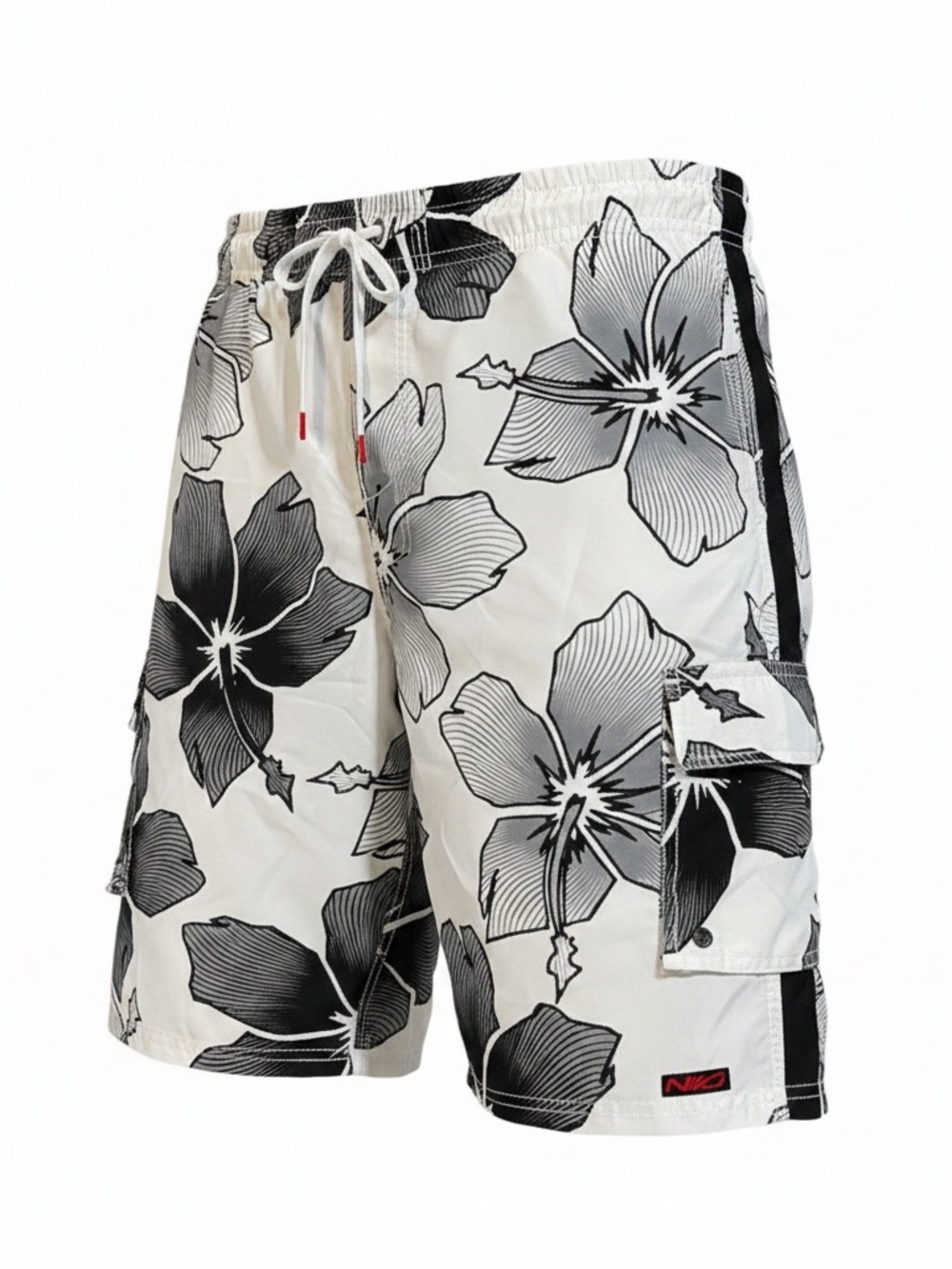 SURF MENTALITY BY LAGACI SPORT TROPICAL FLORAL PRINT SWIM TRUNKS WHI BLK SZ XXL